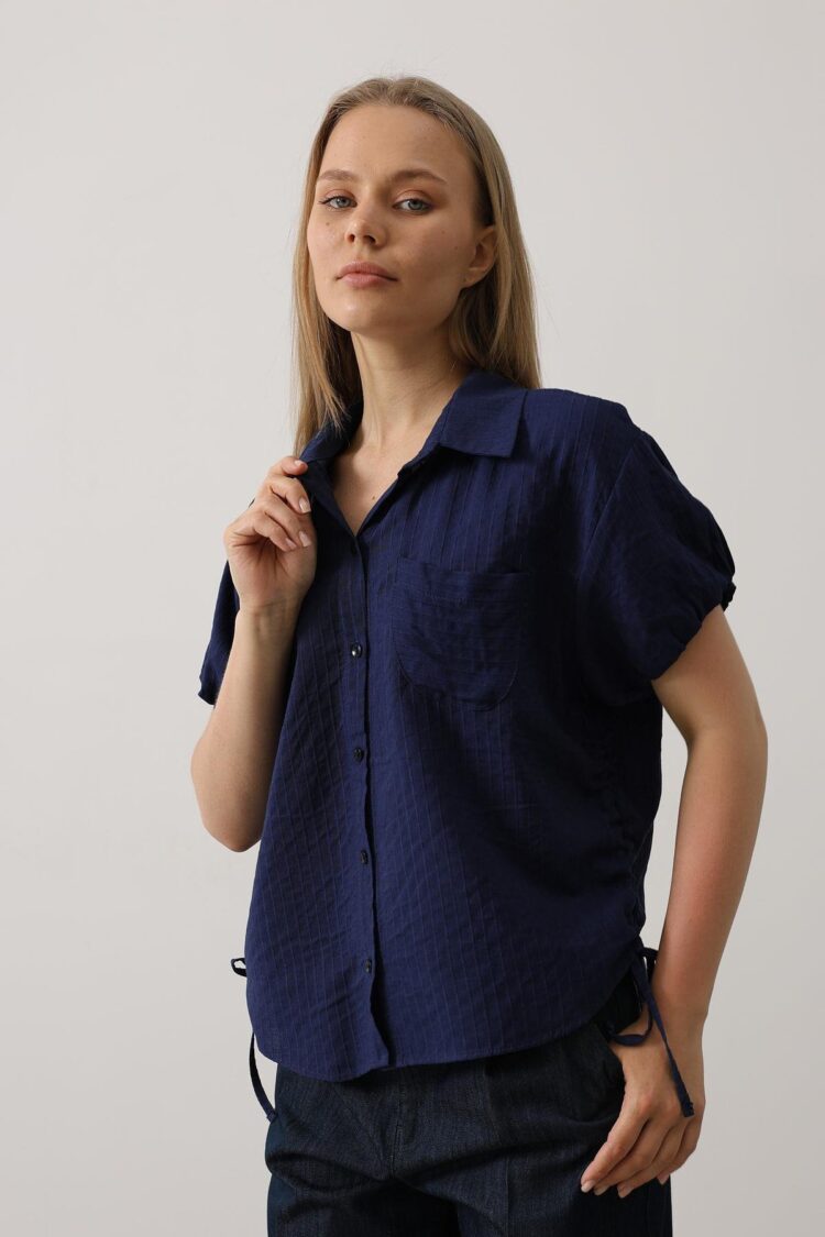 Side Drawstring Short Balloon Sleeve Shirt - Navy - Brand: Reyon - Women's Clothing Wholesale - Globality Store