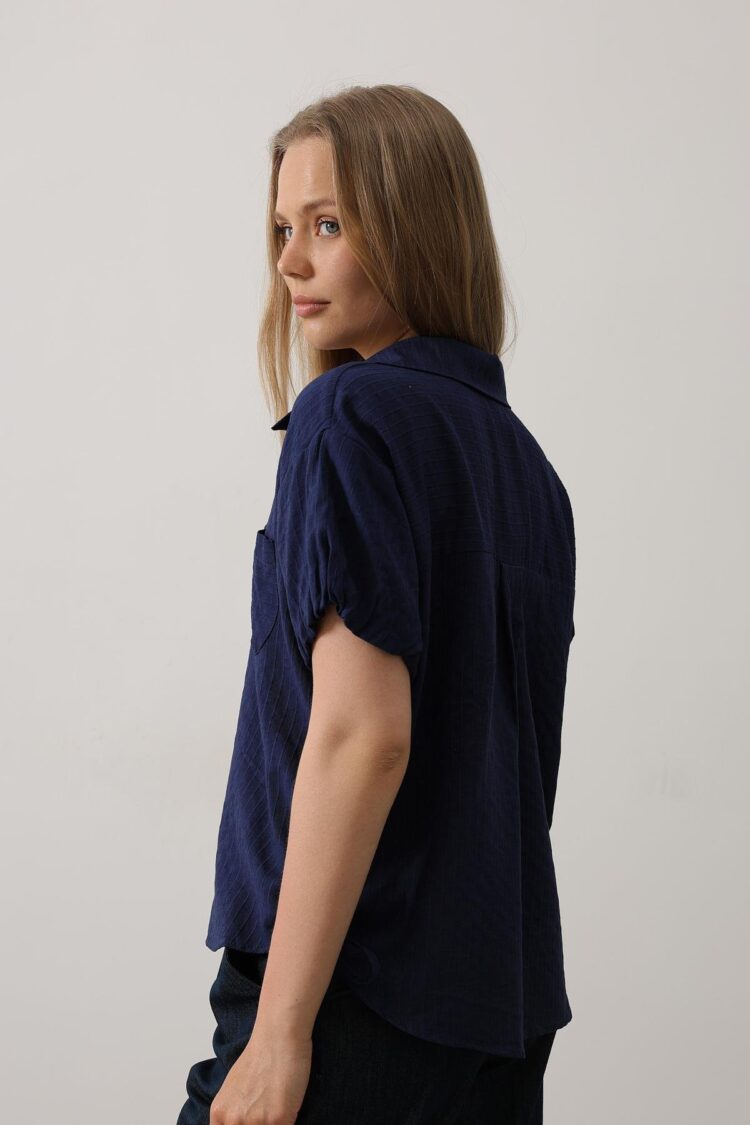 Side Drawstring Short Balloon Sleeve Shirt - Navy