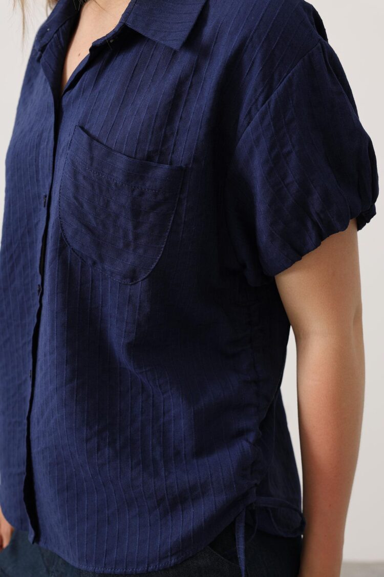 Side Drawstring Short Balloon Sleeve Shirt - Navy