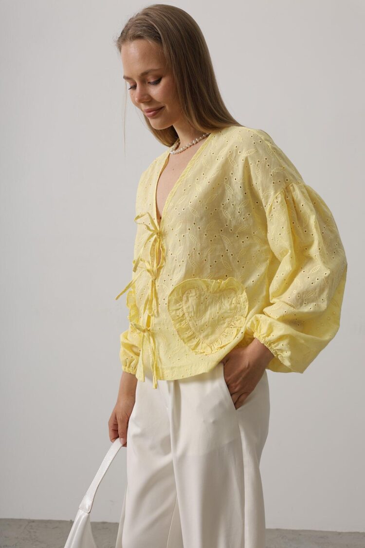 Heart Detailed Tie Embroidered Blouse
