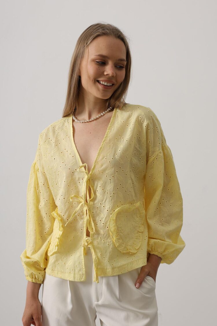 Heart Detailed Tie Embroidered Blouse