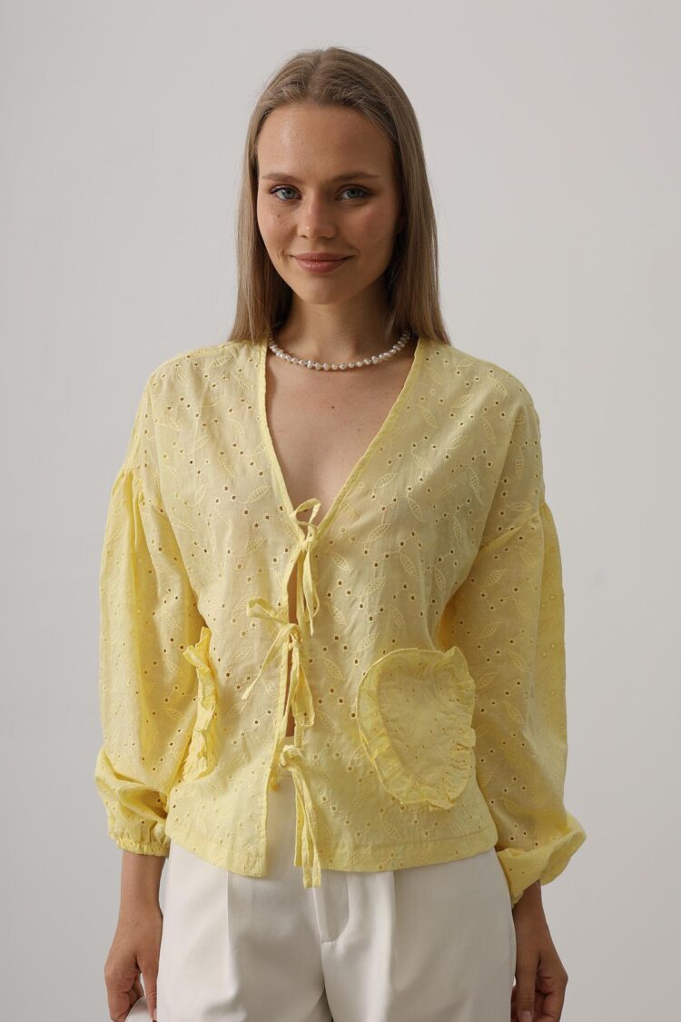 Heart Detailed Tie Embroidered Blouse