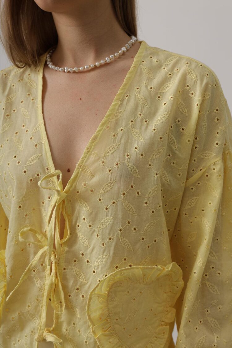 Heart Detailed Tie Embroidered Blouse