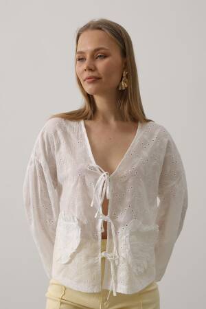 Heart Detailed Tie Embroidered Blouse - Brand: Reyon - Women's Clothing Wholesale - Globality Store