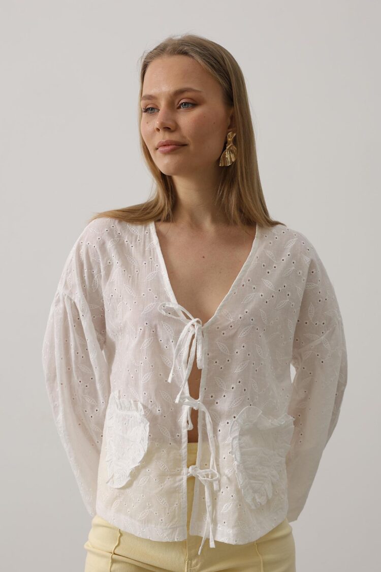 Heart Detailed Tie Embroidered Blouse