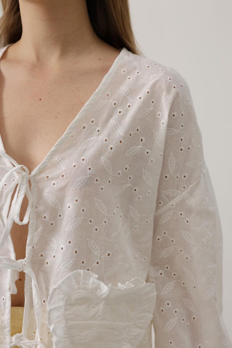 Heart Detailed Tie Embroidered Blouse