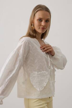 Heart Detailed Tie Embroidered Blouse - Brand: Reyon - Women's Clothing Wholesale - Globality Store