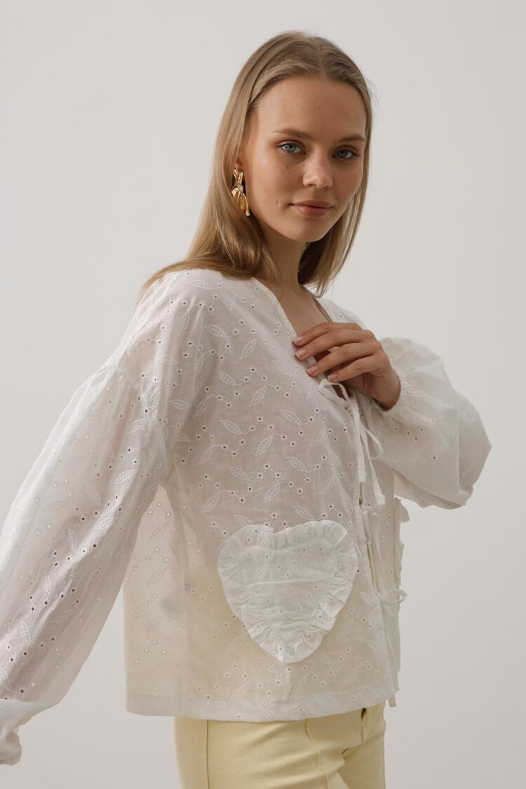 Heart Detailed Tie Embroidered Blouse