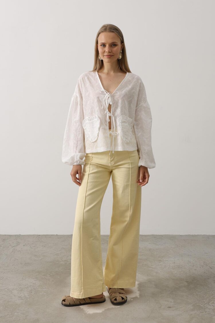 Heart Detailed Tie Embroidered Blouse