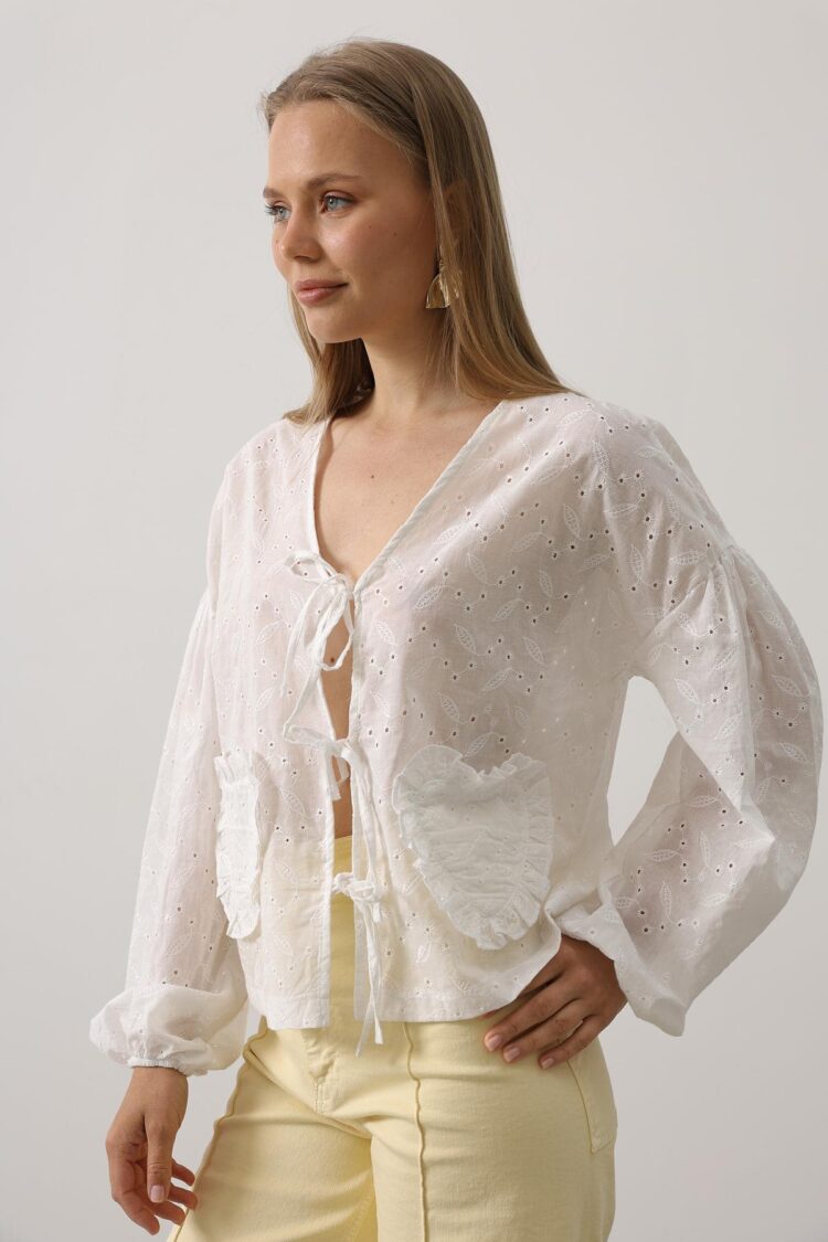 Heart Detailed Tie Embroidered Blouse