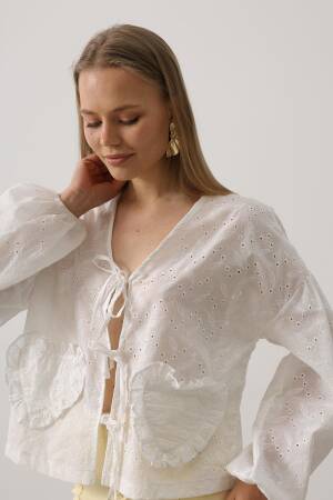 Heart Detailed Tie Embroidered Blouse - Brand: Reyon - Women's Clothing Wholesale - Globality Store