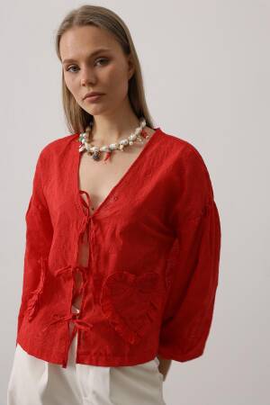 Heart Detailed Tie Embroidered Blouse - Brand: Reyon - Women's Clothing Wholesale - Globality Store