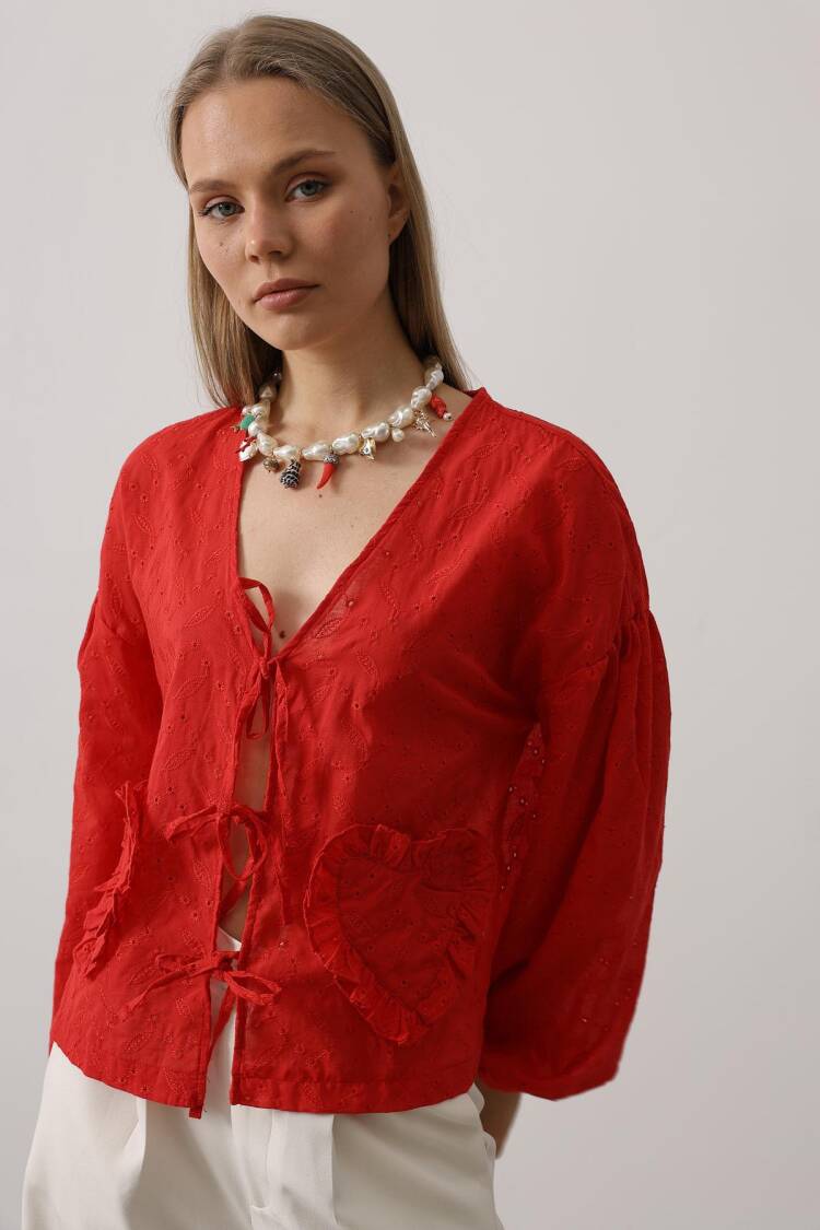 Heart Detailed Tie Embroidered Blouse