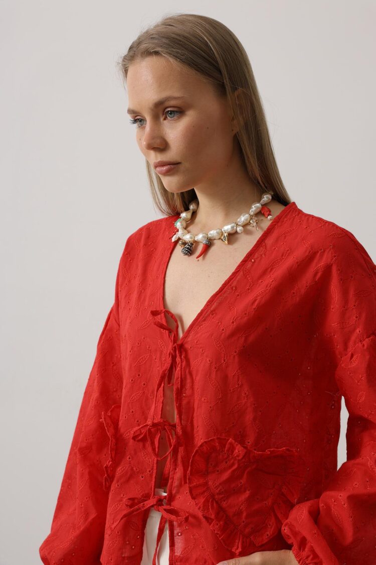 Heart Detailed Tie Embroidered Blouse
