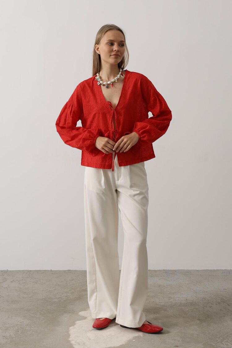 Heart Detailed Tie Embroidered Blouse
