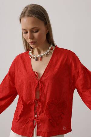 Heart Detailed Tie Embroidered Blouse - Brand: Reyon - Women's Clothing Wholesale - Globality Store