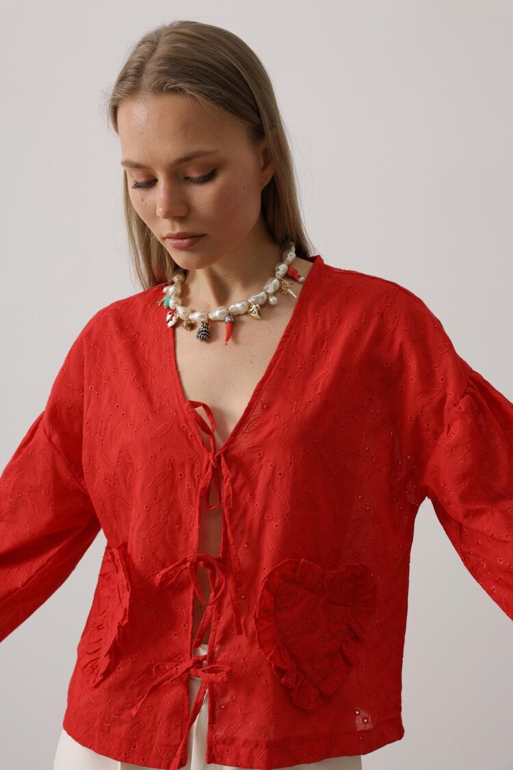 Heart Detailed Tie Embroidered Blouse