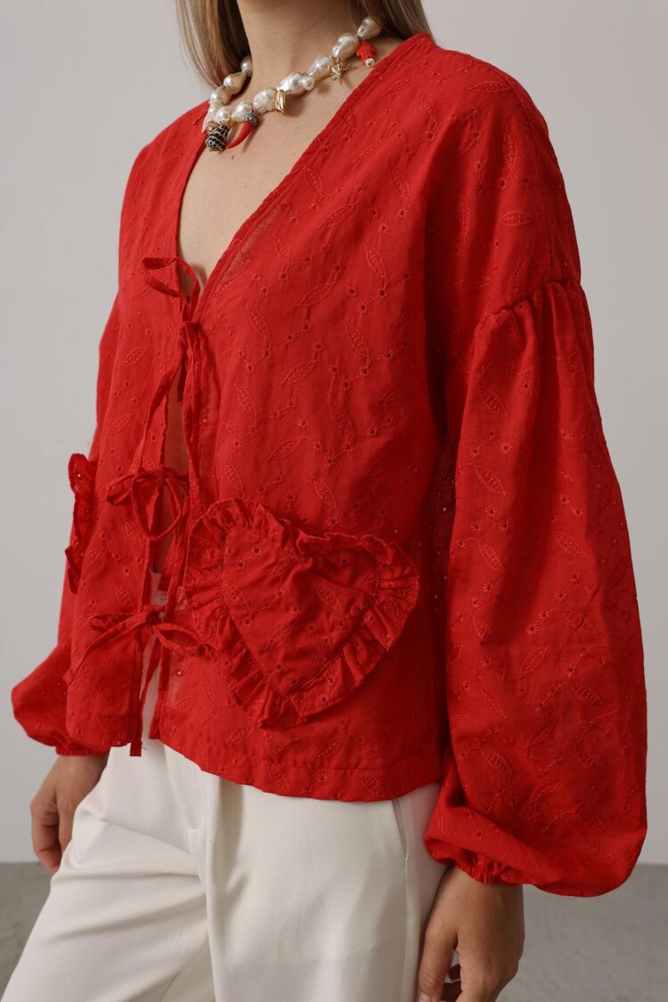 Heart Detailed Tie Embroidered Blouse