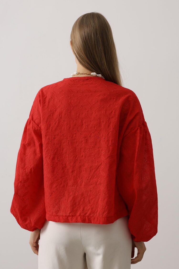 Heart Detailed Tie Embroidered Blouse