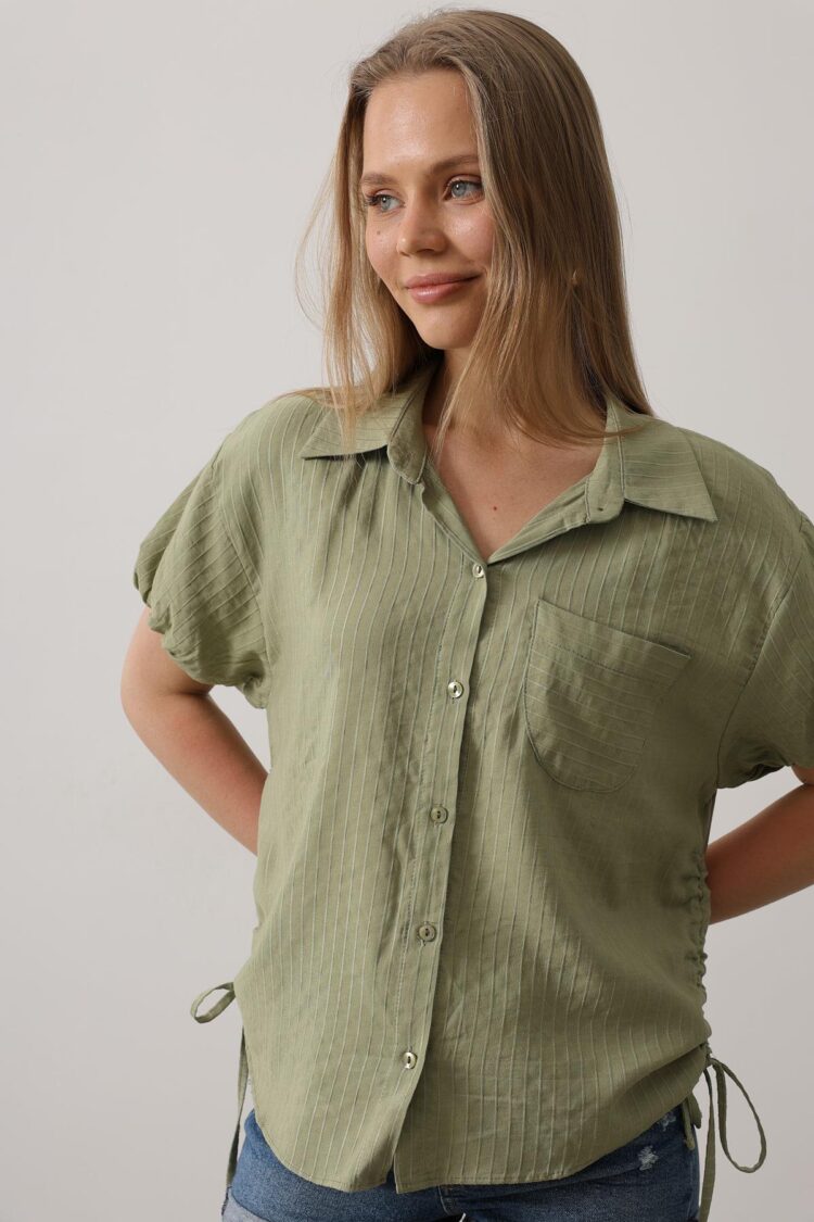 Side Drawstring Short Balloon Sleeve Shirt