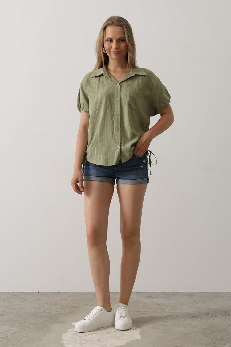 Side Drawstring Short Balloon Sleeve Shirt