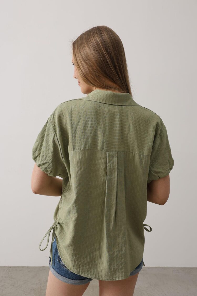 Side Drawstring Short Balloon Sleeve Shirt