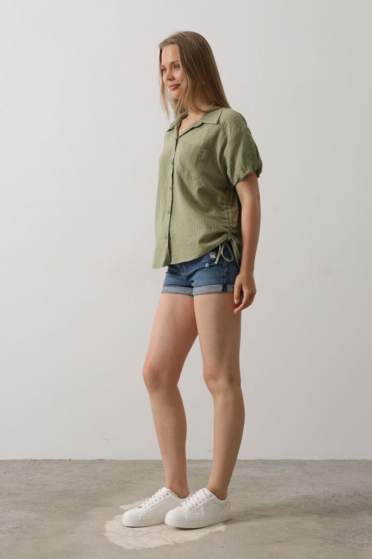 Side Drawstring Short Balloon Sleeve Shirt - Brand: Reyon - Women's Clothing Wholesale - Globality Store