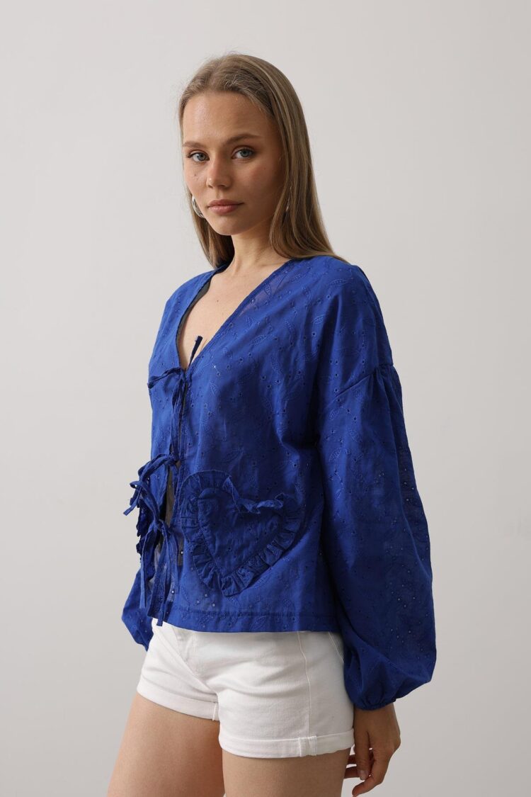 Heart Detailed Tie Embroidered Blouse - Saks
