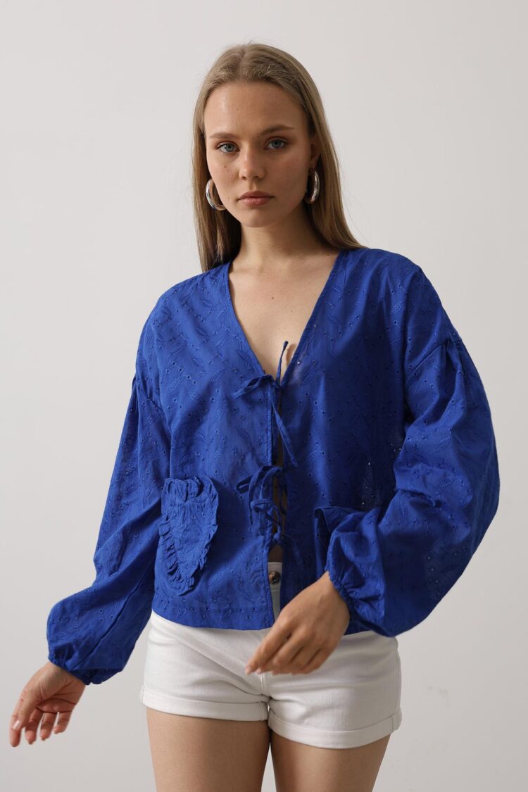 Heart Detailed Tie Embroidered Blouse - Saks - Brand: Reyon - Women's Clothing Wholesale - Globality Store