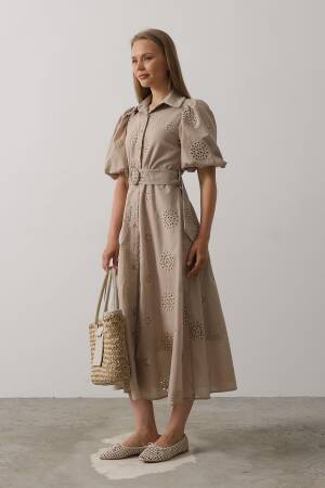 Embroidered Dress With Balloon Sleeve Belt - Brand: Reyon - Women's Clothing Wholesale - Globality Store