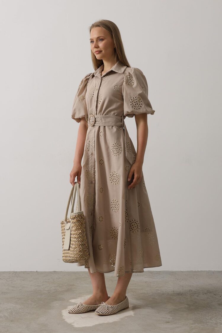 Embroidered Dress With Balloon Sleeve Belt