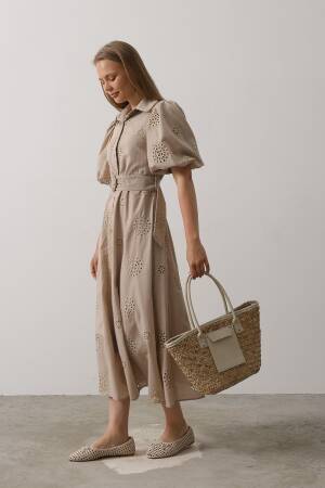 Embroidered Dress With Balloon Sleeve Belt - Brand: Reyon - Women's Clothing Wholesale - Globality Store