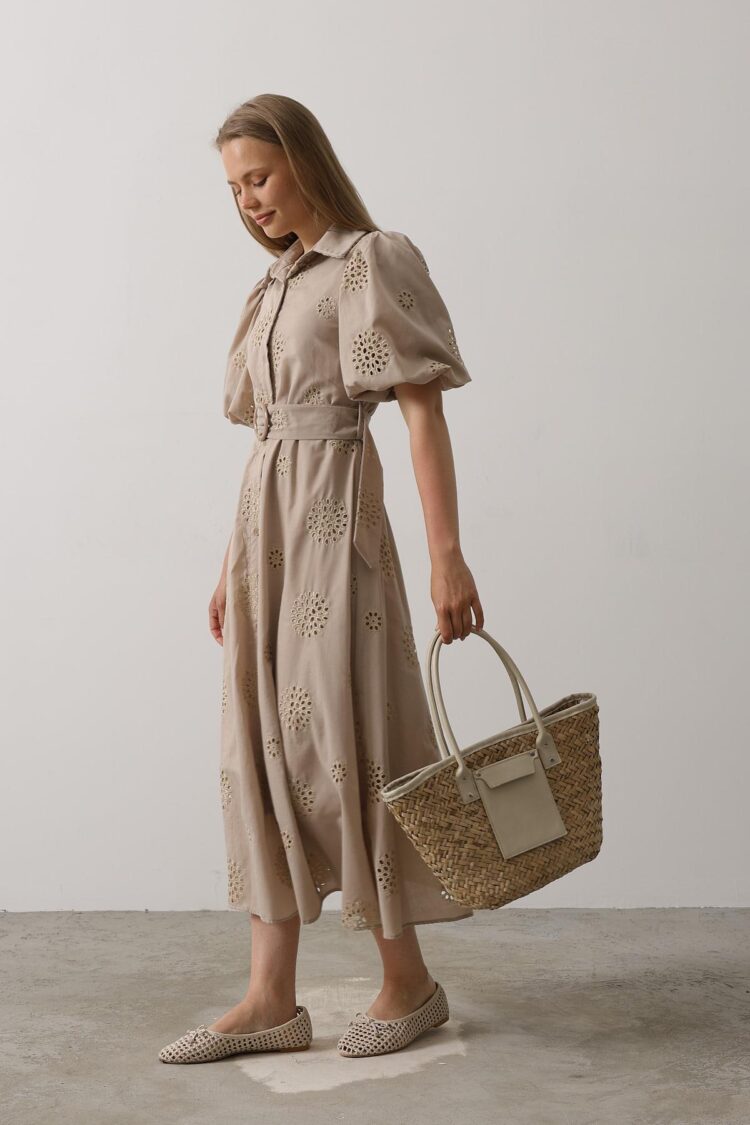 Embroidered Dress With Balloon Sleeve Belt