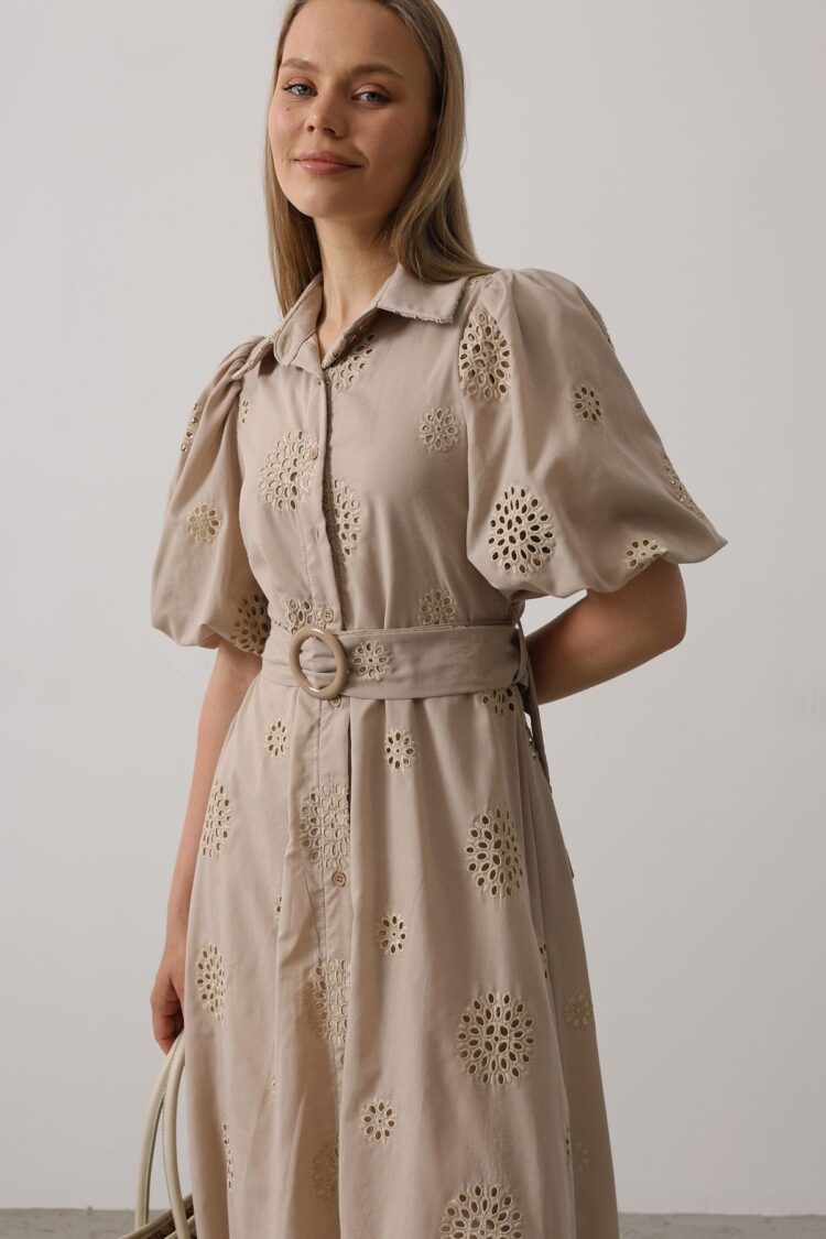 Embroidered Dress With Balloon Sleeve Belt