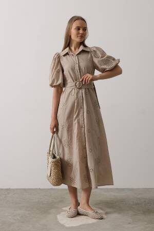 Embroidered Dress With Balloon Sleeve Belt - Brand: Reyon - Women's Clothing Wholesale - Globality Store