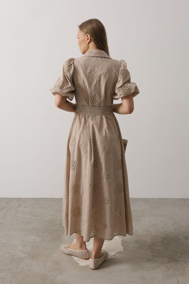 Embroidered Dress With Balloon Sleeve Belt