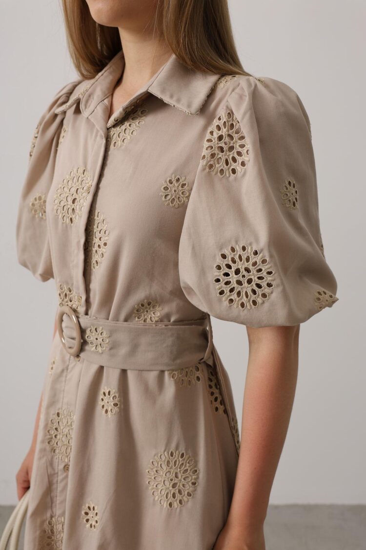 Embroidered Dress With Balloon Sleeve Belt