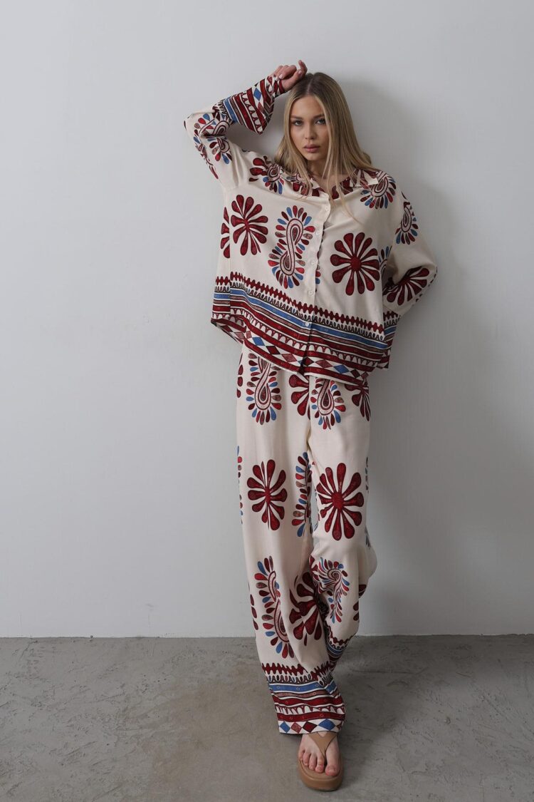 Patterned Sleeves Ruffle Trousers Suit - Brand: Reyon - Women's Clothing Wholesale - Globality Store