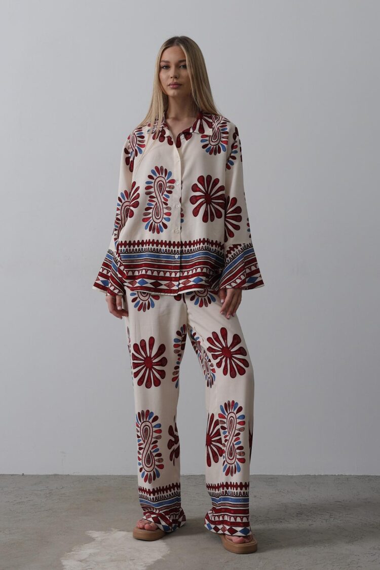Patterned Sleeves Ruffle Trousers Suit