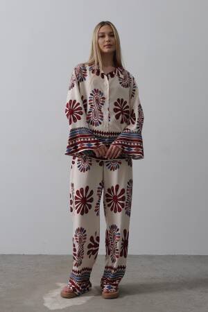 Patterned Sleeves Ruffle Trousers Suit - Brand: Reyon - Women's Clothing Wholesale - Globality Store