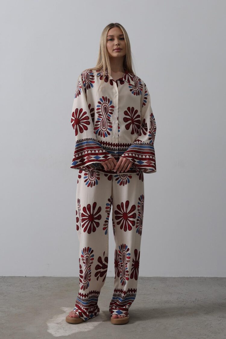 Patterned Sleeves Ruffle Trousers Suit