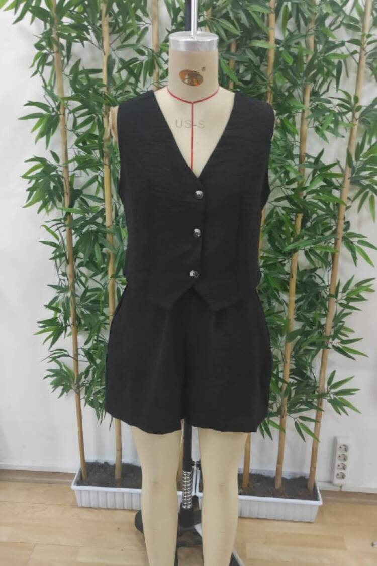 Women's Zero Sleeve Strap V Neck Front Buttoned Imported Linen Jacket And Short Duo Suit