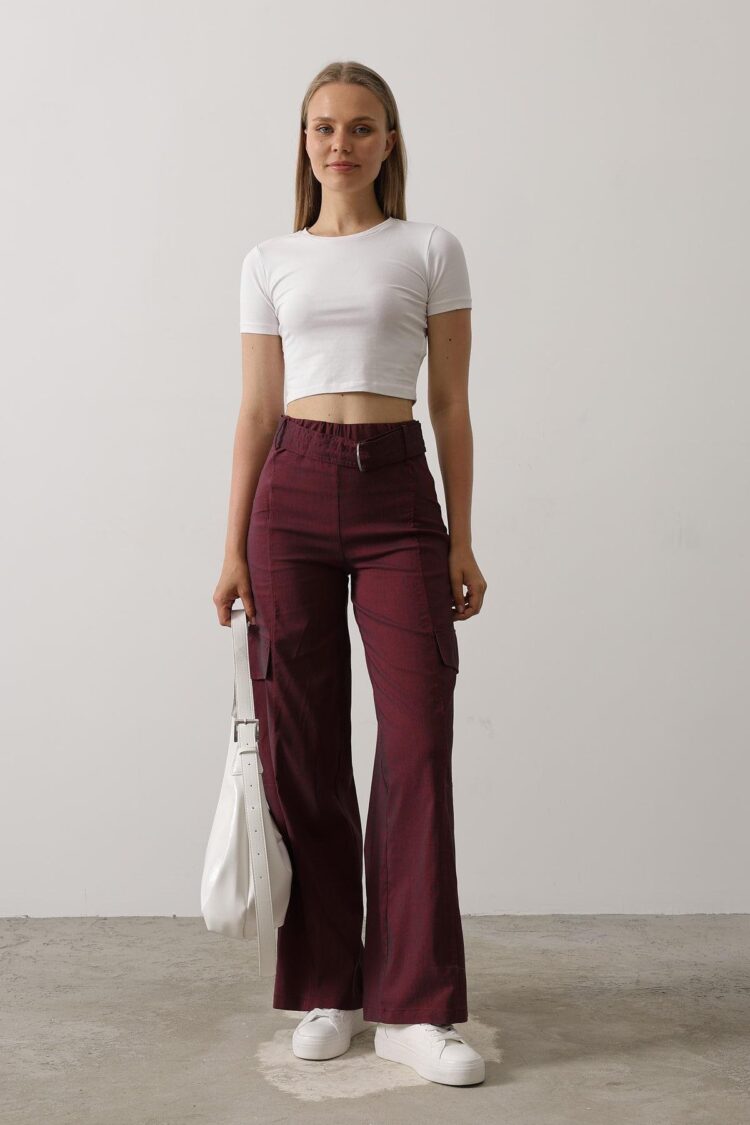 Belted Cargo Pants - Burgundy - Brand: Reyon - Women's Clothing Wholesale - Globality Store