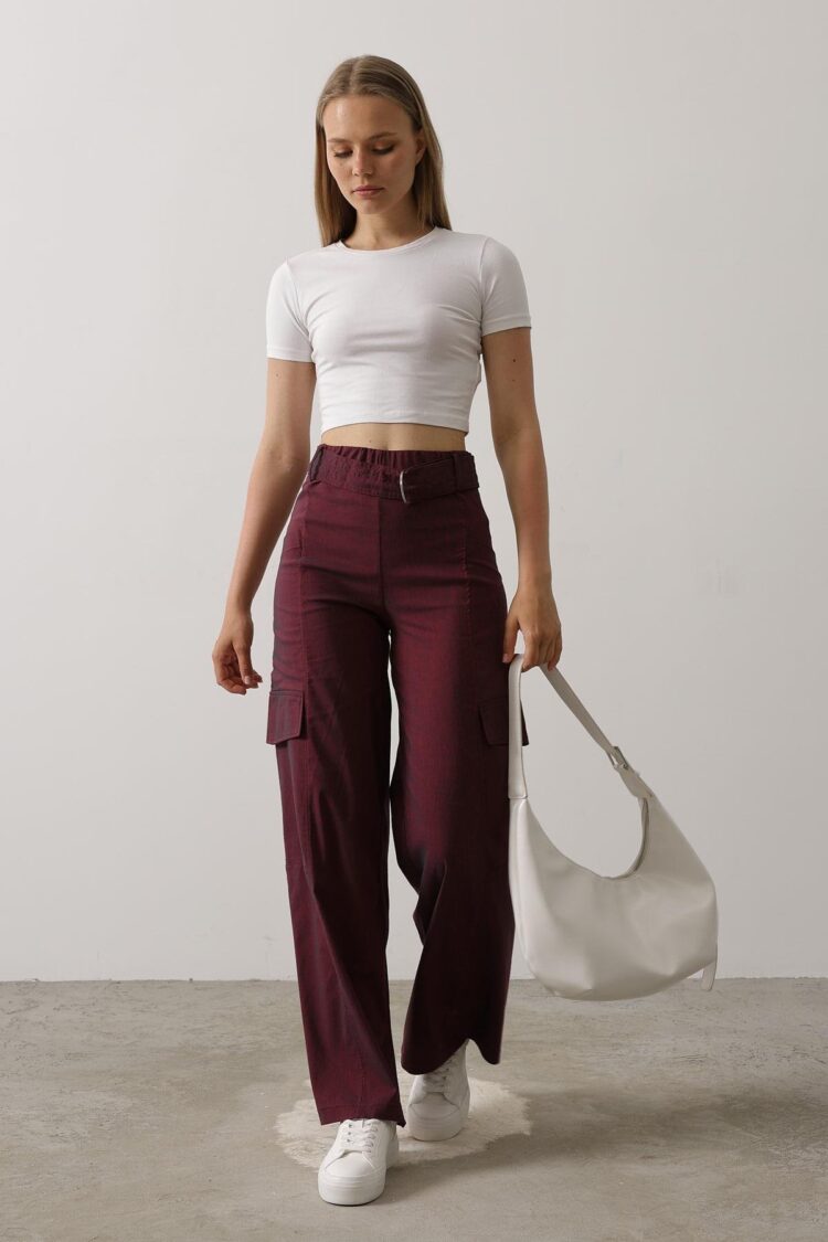 Belted Cargo Pants - Burgundy