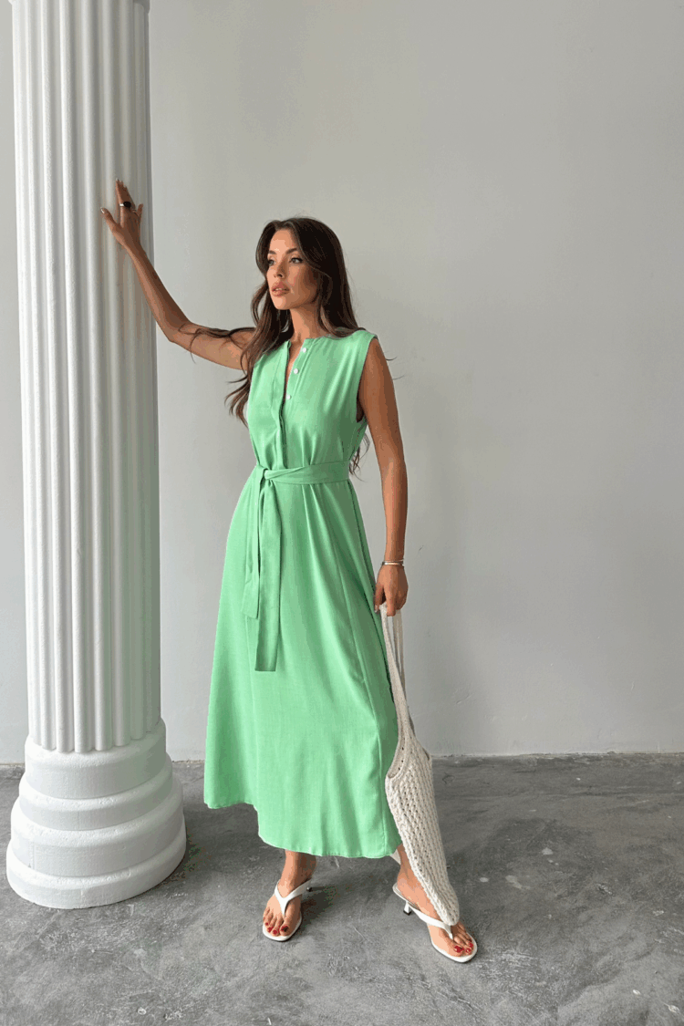 Linen Dress Sleeveless Tie Waist Maxi Dress