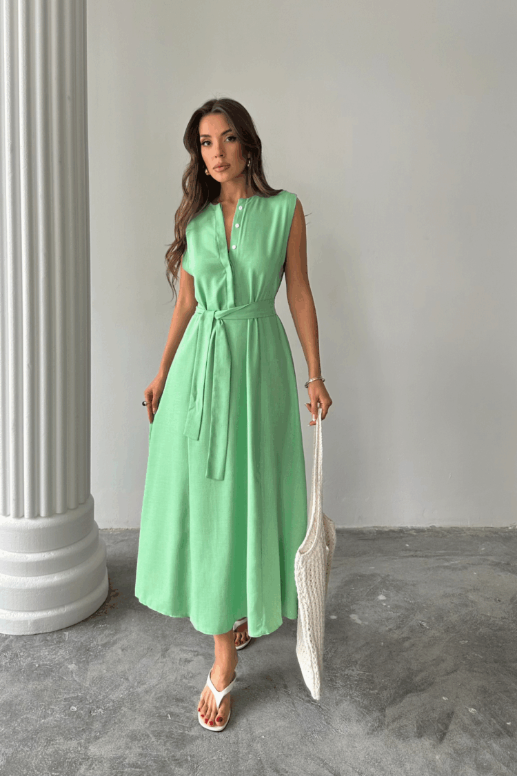 Linen Dress Sleeveless Tie Waist Maxi Dress - Brand: Ello - Women's Clothing Wholesale - Globality Store