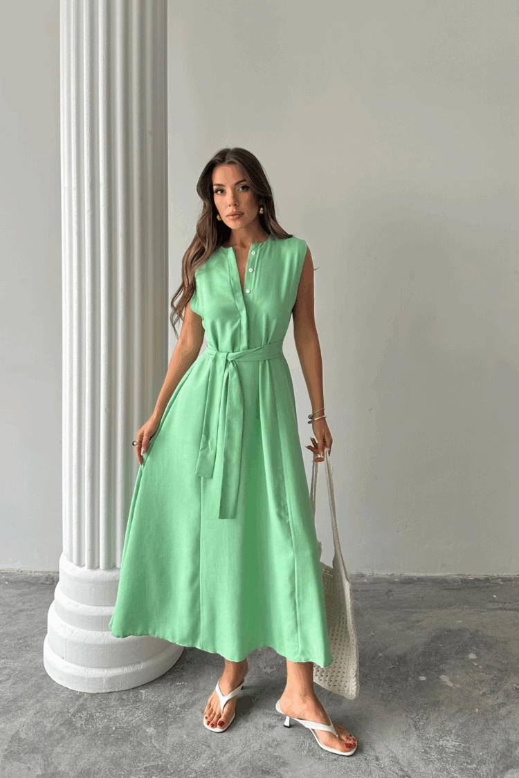 Linen Dress Sleeveless Tie Waist Maxi Dress