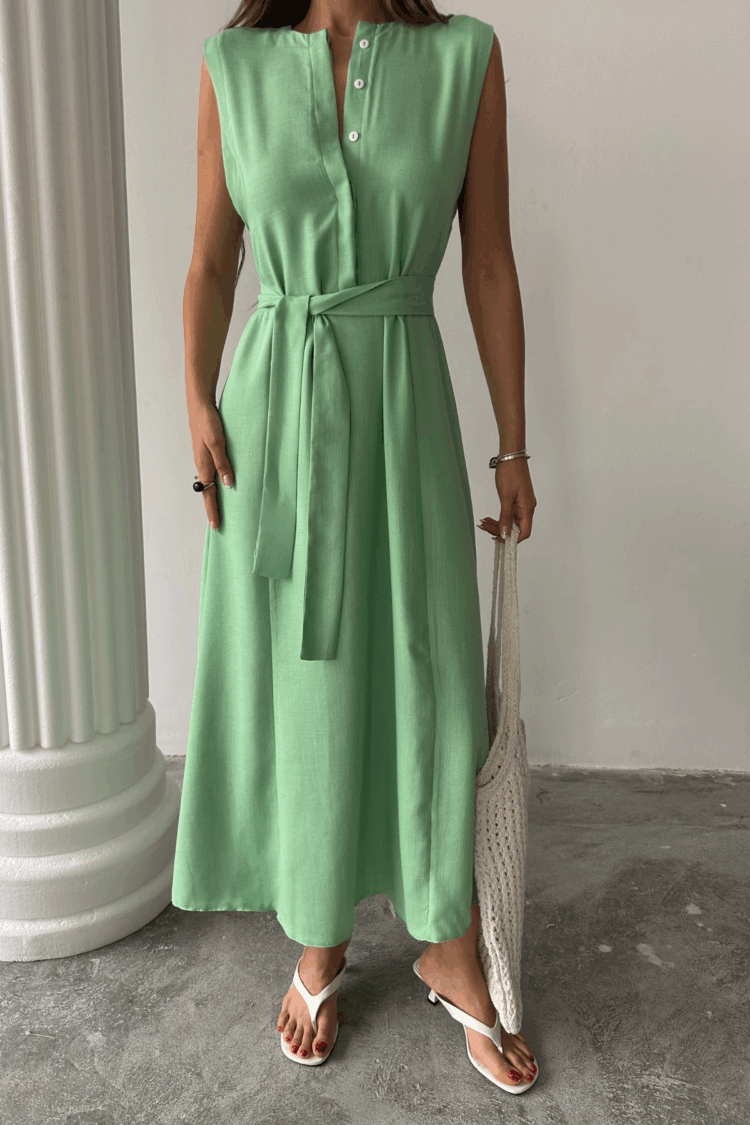 Linen Dress Sleeveless Tie Waist Maxi Dress