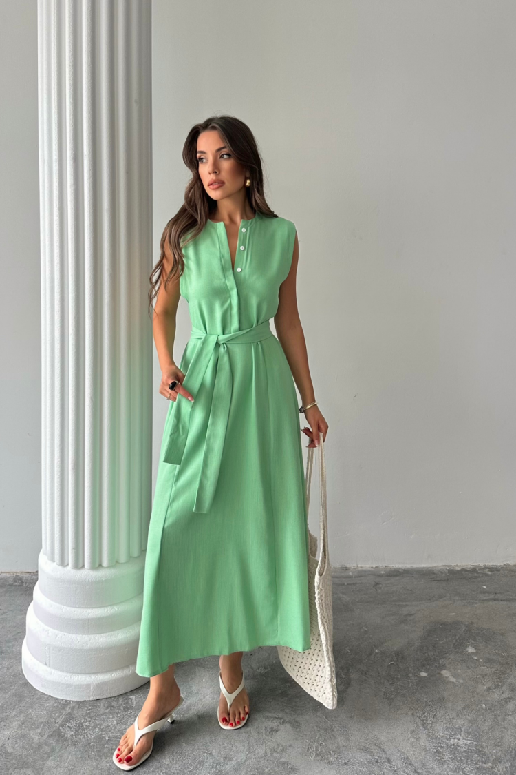 Linen Dress Sleeveless Tie Waist Maxi Dress