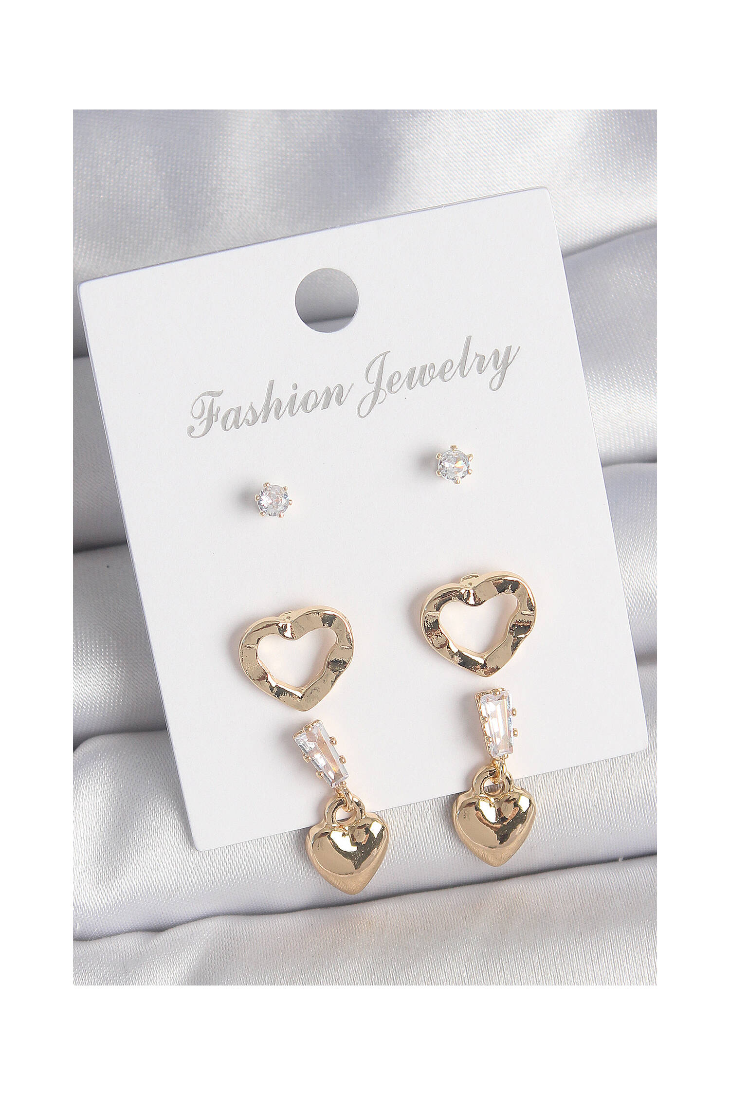 Brass Gold Color Zircon Stone Rocking Heart Model Female 3 Pair Earrings Set - Brand: Ebijuteri - Women's Clothing Wholesale - Globality Store
